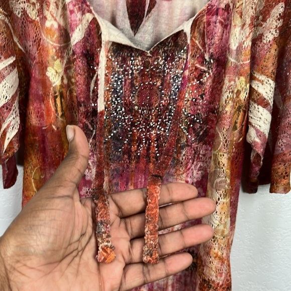 Catherines Top Womens Plus Size 1X Blouse Multicolor Boho Embellished Peasant - Picture 7 of 10